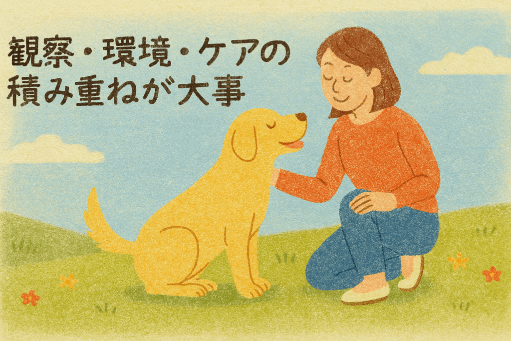 犬の観察・環境・ケアを積み重ねることが大事という犬と飼い主のイラスト